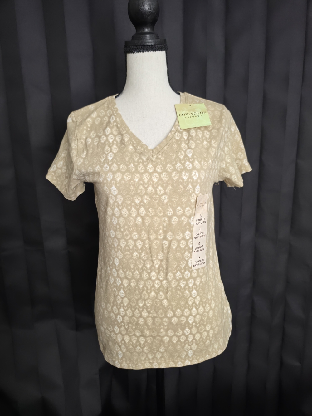 Covington Sport Women's Beige/White Geometric Knit V-Neck Stretch T-Shirt S